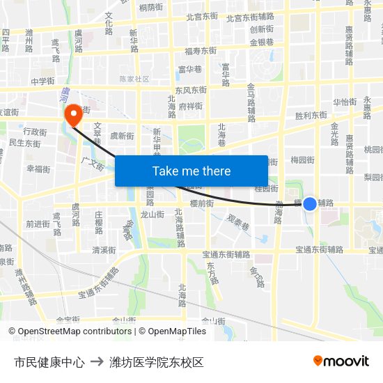 市民健康中心 to 潍坊医学院东校区 map