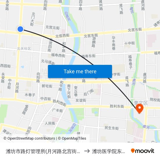 潍坊市路灯管理所(月河路北宫街路口) to 潍坊医学院东校区 map