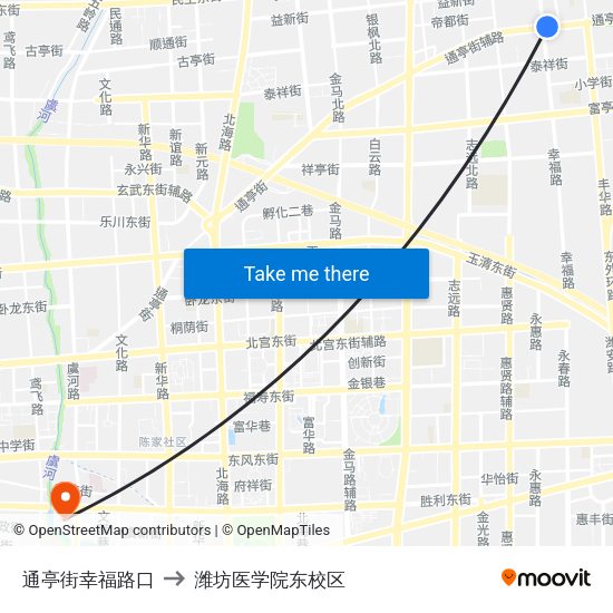 通亭街幸福路口 to 潍坊医学院东校区 map