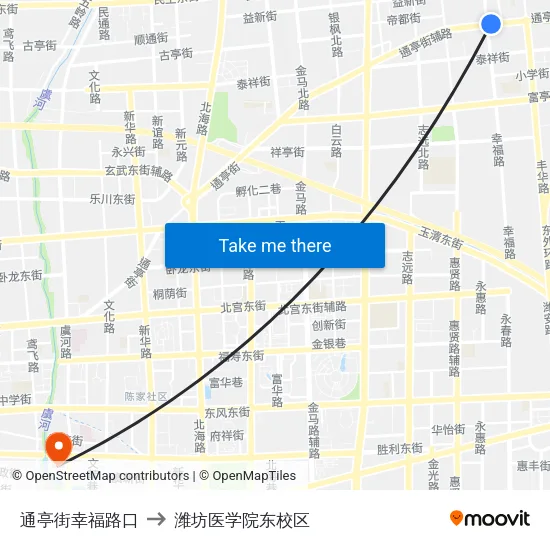 通亭街幸福路口 to 潍坊医学院东校区 map
