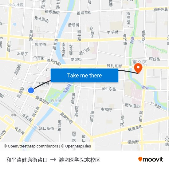 和平路健康街路口 to 潍坊医学院东校区 map