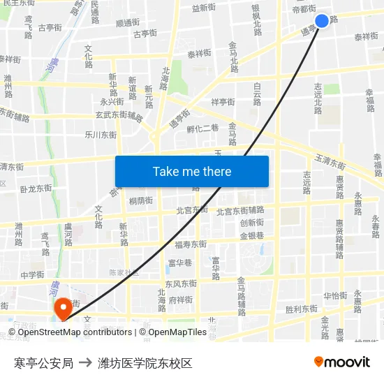 寒亭公安局 to 潍坊医学院东校区 map