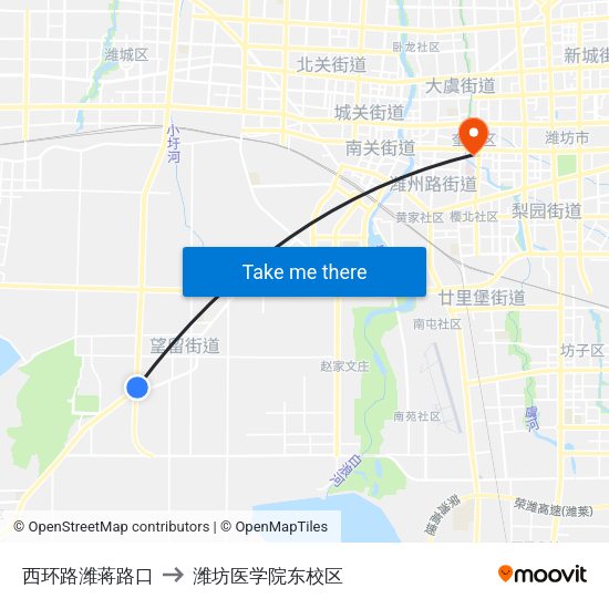 西环路潍蒋路口 to 潍坊医学院东校区 map