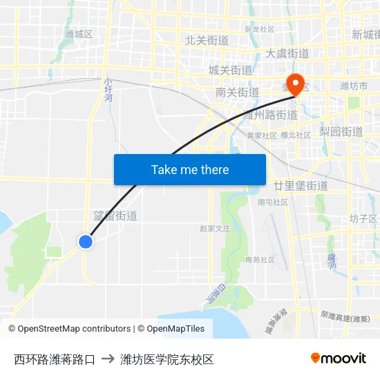 西环路潍蒋路口 to 潍坊医学院东校区 map