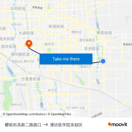 樱前街高新二路路口 to 潍坊医学院东校区 map