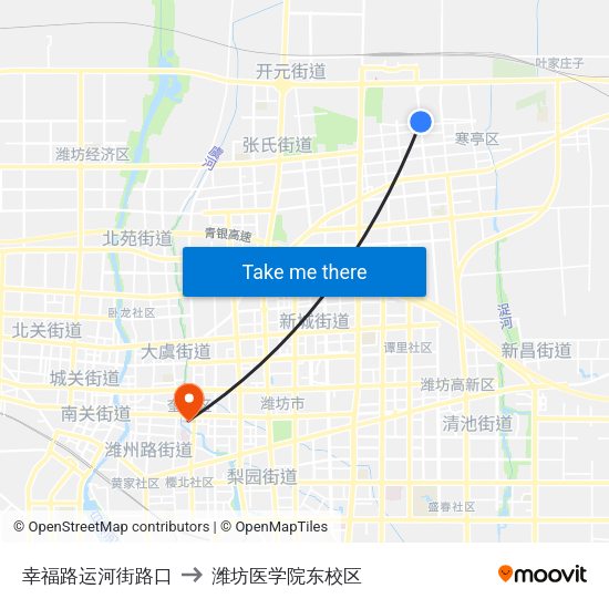 幸福路运河街路口 to 潍坊医学院东校区 map