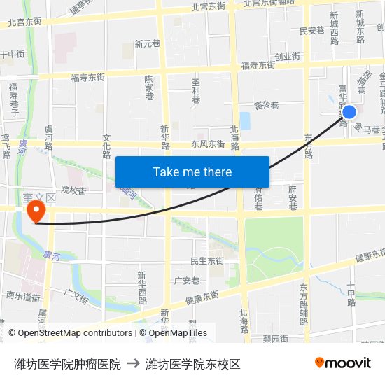 潍坊医学院肿瘤医院 to 潍坊医学院东校区 map