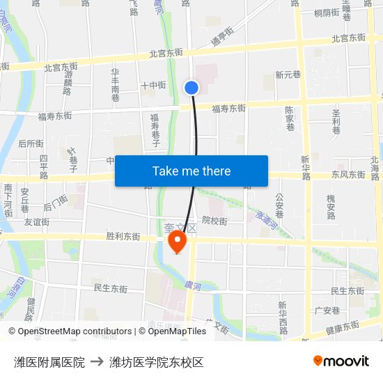 潍医附属医院 to 潍坊医学院东校区 map