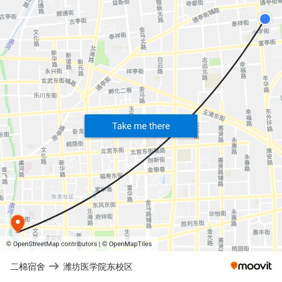 二棉宿舍 to 潍坊医学院东校区 map