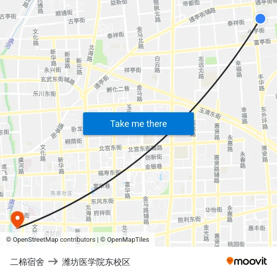 二棉宿舍 to 潍坊医学院东校区 map