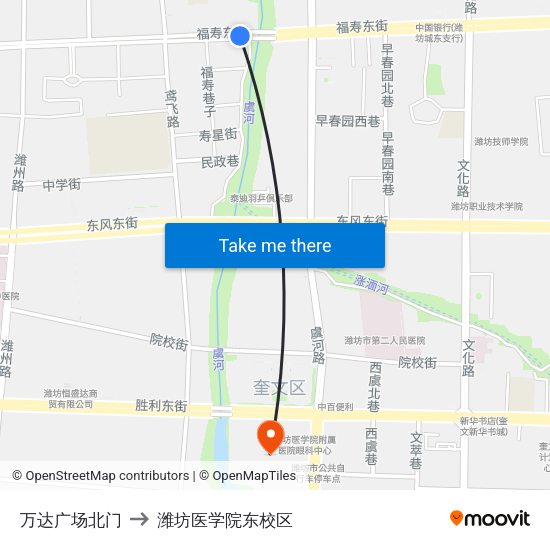 万达广场北门 to 潍坊医学院东校区 map