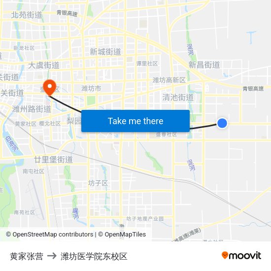 黄家张营 to 潍坊医学院东校区 map