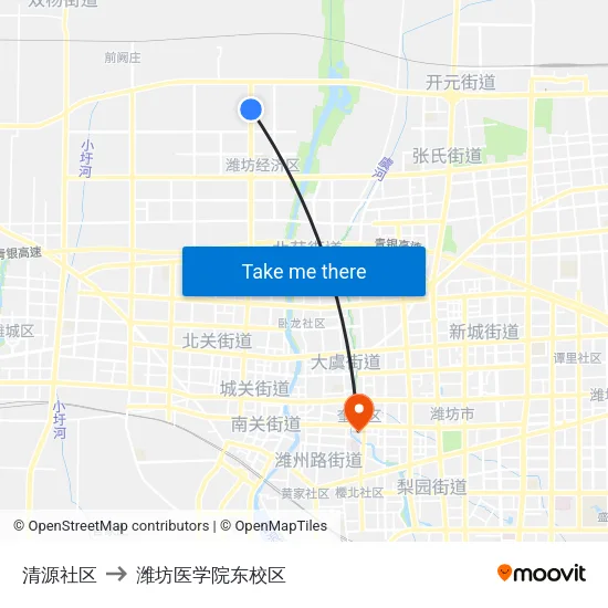 清源社区 to 潍坊医学院东校区 map