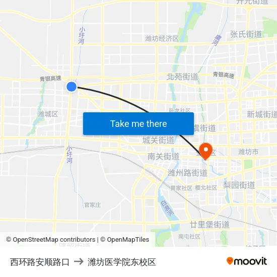 西环路安顺路口 to 潍坊医学院东校区 map