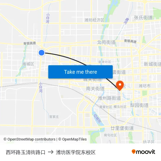 西环路玉清街路口 to 潍坊医学院东校区 map