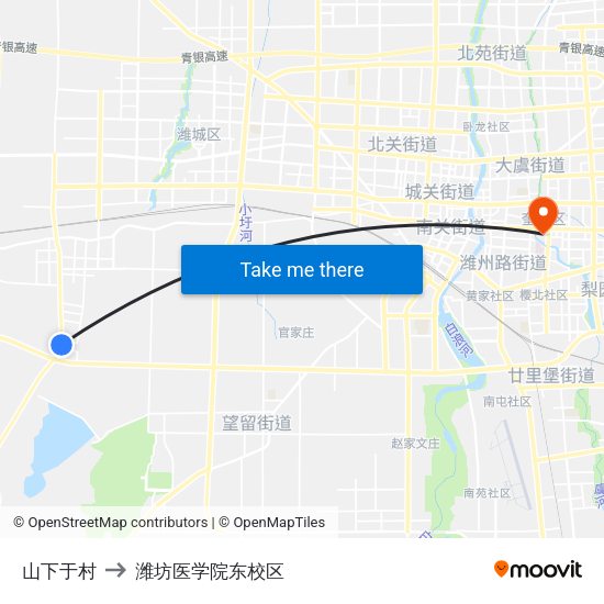 山下于村 to 潍坊医学院东校区 map