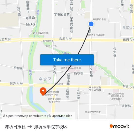 潍坊日报社 to 潍坊医学院东校区 map