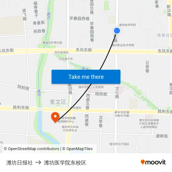 潍坊日报社 to 潍坊医学院东校区 map