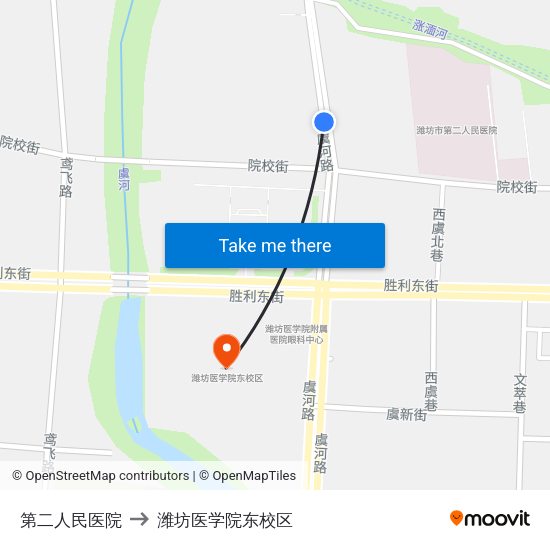 第二人民医院 to 潍坊医学院东校区 map