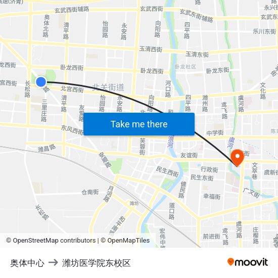 奥体中心 to 潍坊医学院东校区 map