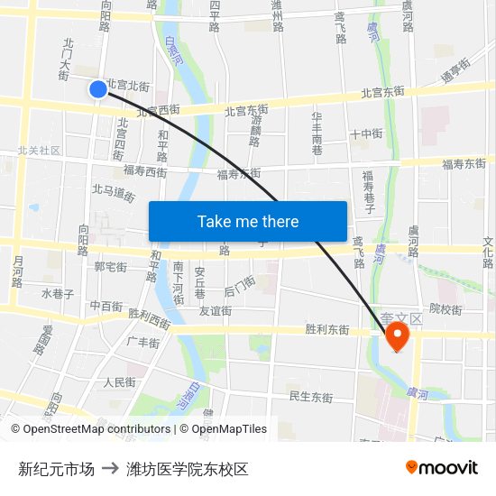 新纪元市场 to 潍坊医学院东校区 map