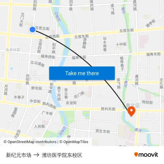 新纪元市场 to 潍坊医学院东校区 map