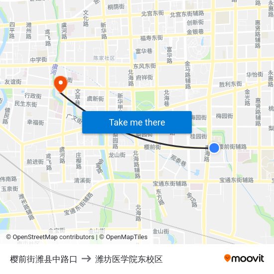 樱前街潍县中路口 to 潍坊医学院东校区 map