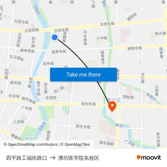 四平路工福街路口 to 潍坊医学院东校区 map
