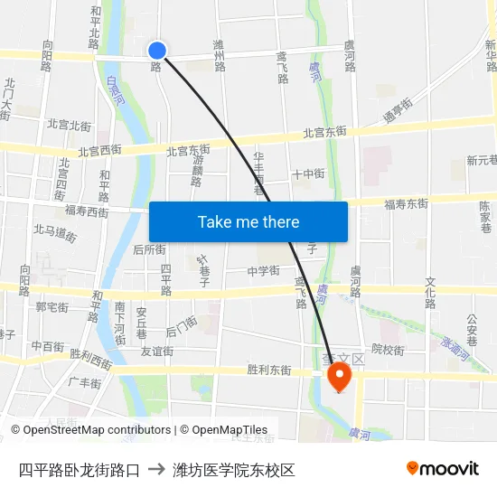 四平路卧龙街路口 to 潍坊医学院东校区 map