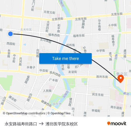 永安路福寿街路口 to 潍坊医学院东校区 map