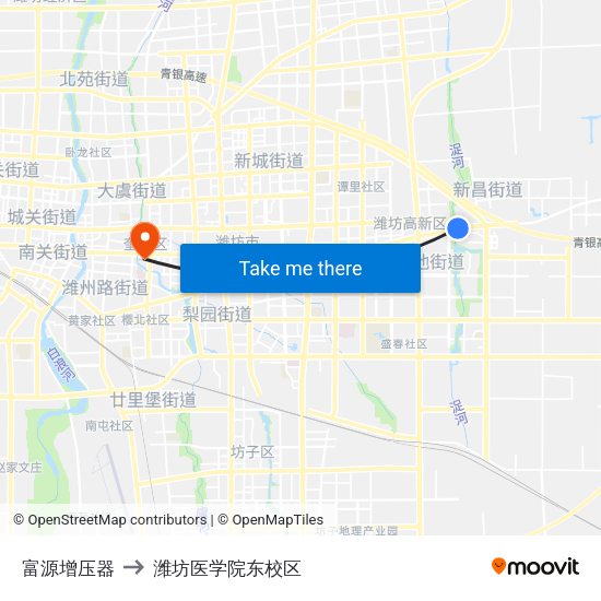 富源增压器 to 潍坊医学院东校区 map