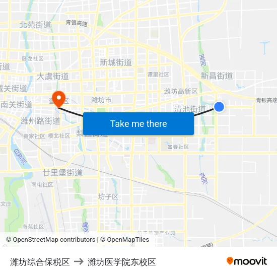 潍坊综合保税区 to 潍坊医学院东校区 map