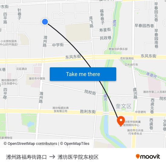 潍州路福寿街路口 to 潍坊医学院东校区 map