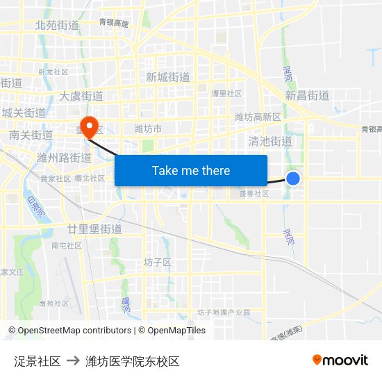 浞景社区 to 潍坊医学院东校区 map