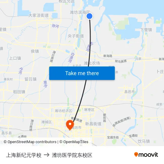 上海新纪元学校 to 潍坊医学院东校区 map