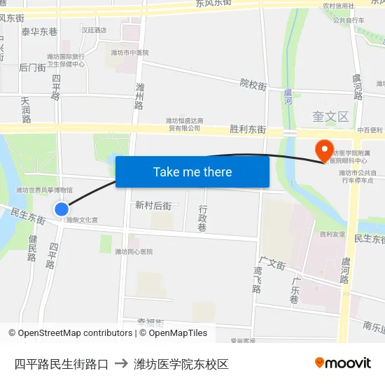 四平路民生街路口 to 潍坊医学院东校区 map