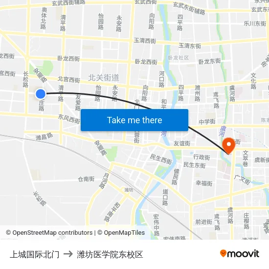 上城国际北门 to 潍坊医学院东校区 map