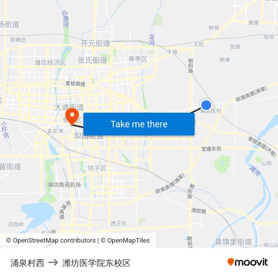 涌泉村西 to 潍坊医学院东校区 map