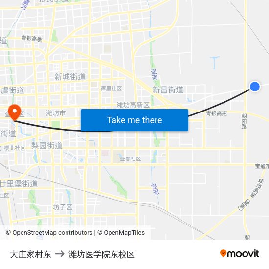 大庄家村东 to 潍坊医学院东校区 map