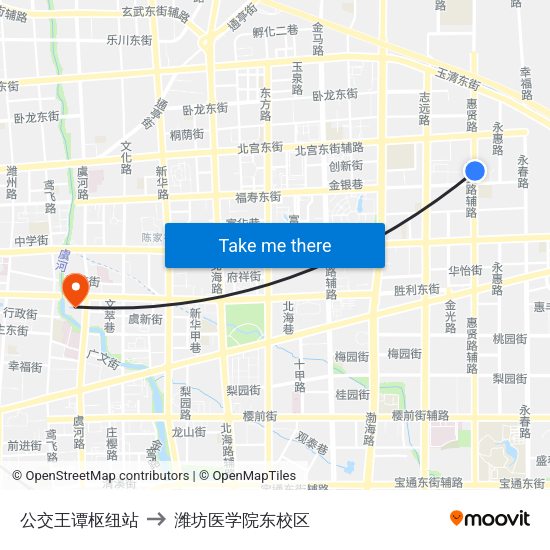 公交王谭枢纽站 to 潍坊医学院东校区 map