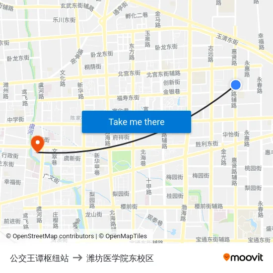 公交王谭枢纽站 to 潍坊医学院东校区 map