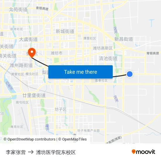 李家张营 to 潍坊医学院东校区 map
