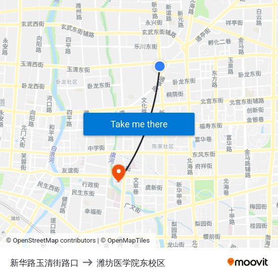 新华路玉清街路口 to 潍坊医学院东校区 map