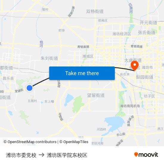 潍坊市委党校 to 潍坊医学院东校区 map
