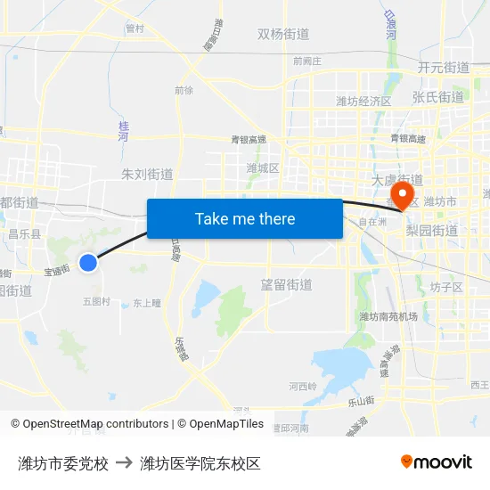 潍坊市委党校 to 潍坊医学院东校区 map