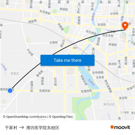 于家村 to 潍坊医学院东校区 map
