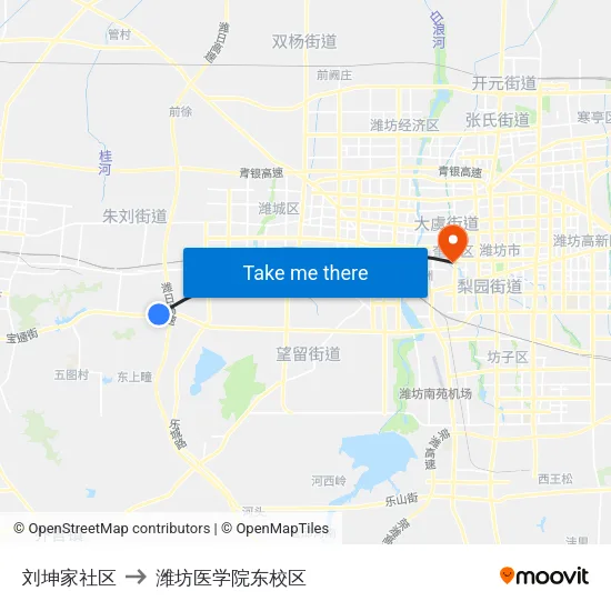 刘坤家社区 to 潍坊医学院东校区 map