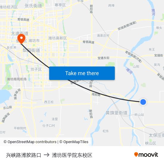 兴峡路潍胶路口 to 潍坊医学院东校区 map