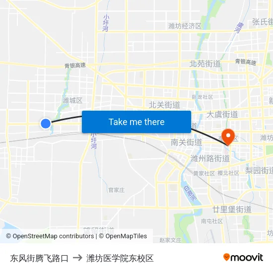 东风街腾飞路口 to 潍坊医学院东校区 map