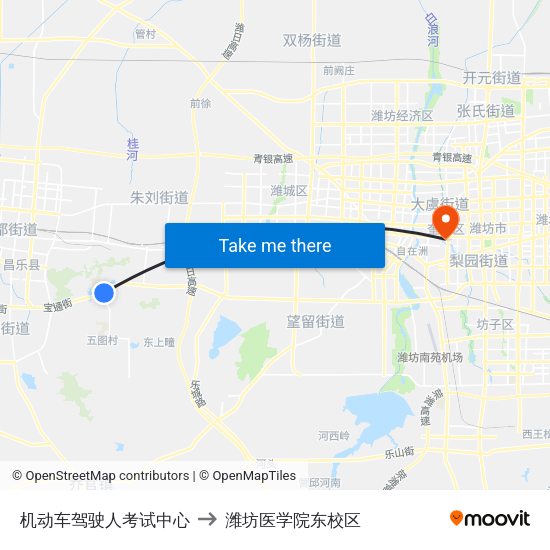机动车驾驶人考试中心 to 潍坊医学院东校区 map